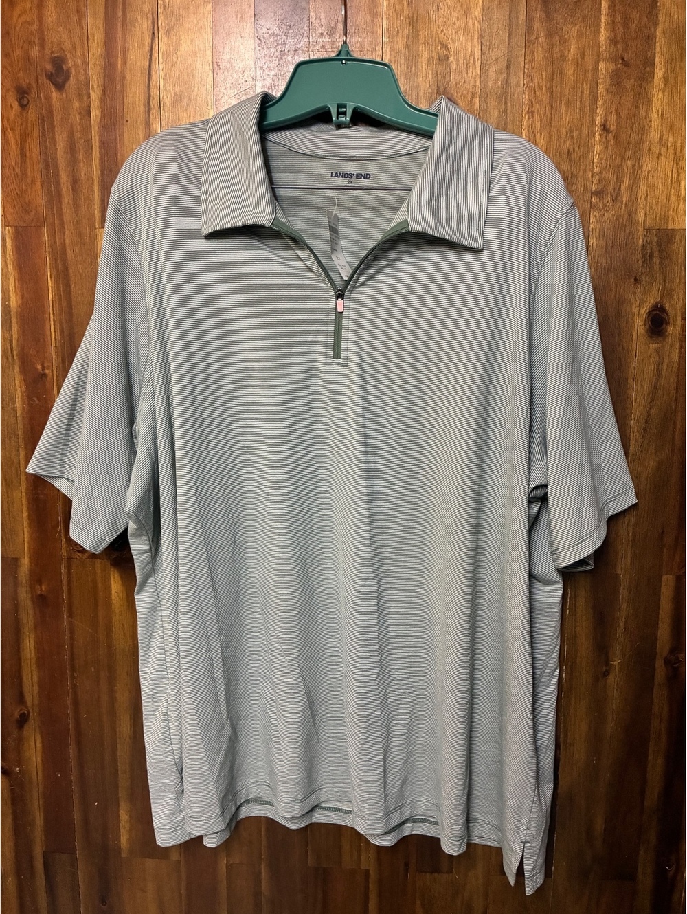 NWT Lands’ End 2X Green Stripe Quarter Zip Polo Top Coastal Sporty Preppy